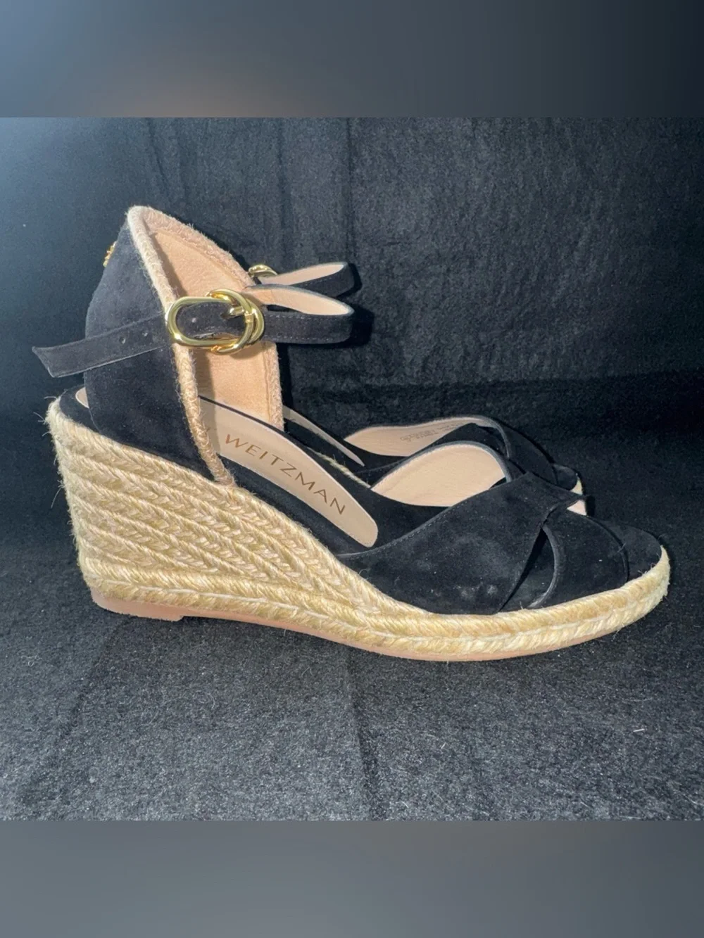Stuart Weitzman Black Suede Wrap Ankle Buckle Strap Espadrille Wedge Sandals 7